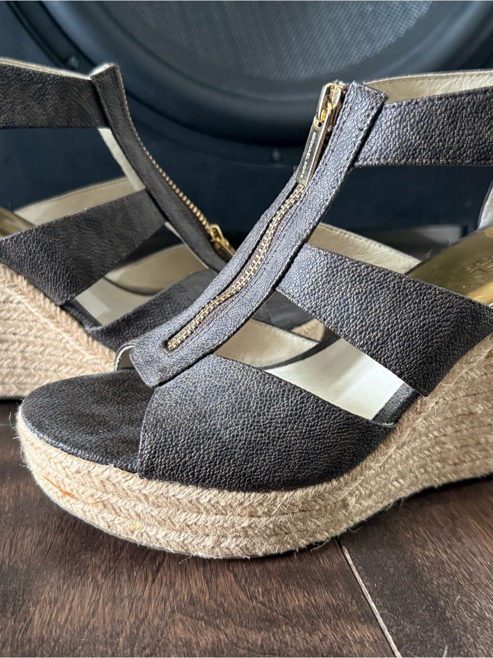 Michael Kors Women's Brown Espadrille Wedge Sandals with Front Zip